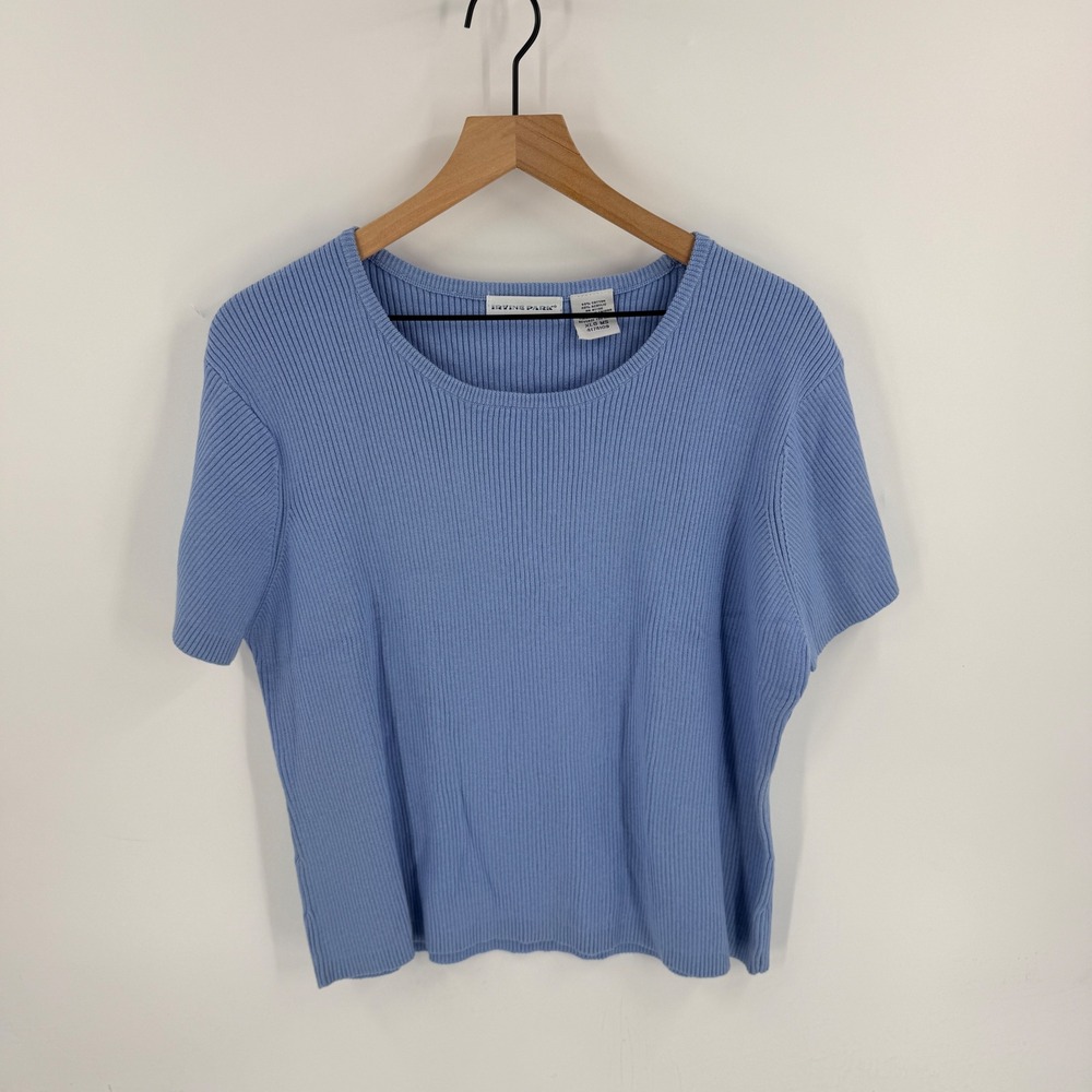 Y2K Irvine Park Ribbed Knit Short‎ Sleeve Pullover Sweater Blue Size XL